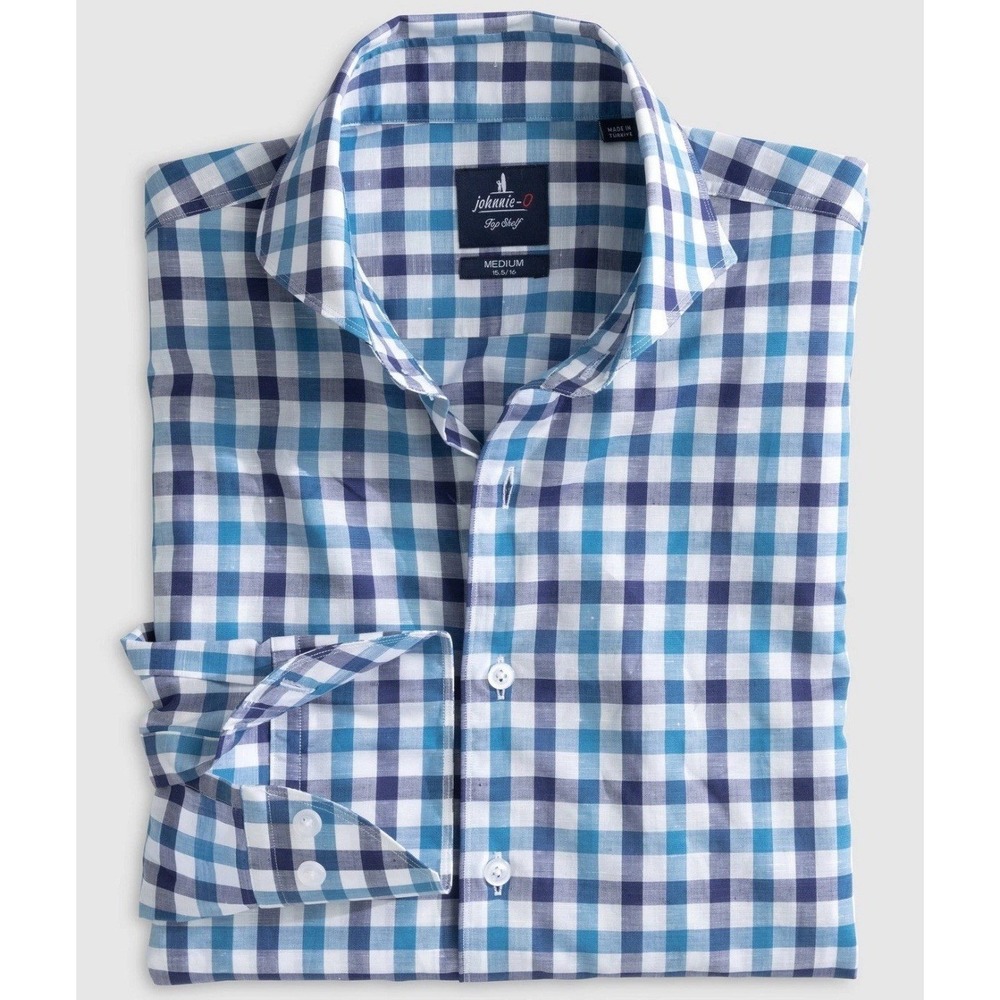 johnnie-O Rooster Gingham Cotton Linen Shirt Blue Wake JMWL8710 Mens XL NEW